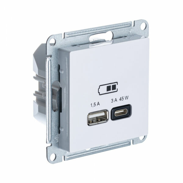 Изображение товара Розетка USB A + тип-C 45Вт высокоскор.заряд. QC, PD, механизм, Лотос, ATN001329 Atlas Design Schneider electric