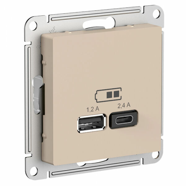 Изображение товара Розетка USB A+С, 5В/2,4А, 2х5В/1,2А, механизм, Песочный, ATN001239 Atlas Design Nature Schneider electric