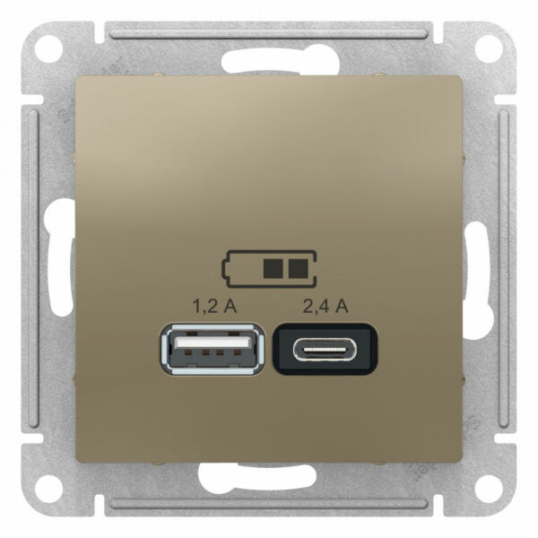 Изображение товара Розетка USB A+С, 5В/2,4А, 2х5В/1,2А, механизм, Шампань, ATN000539 Atlas Design Schneider electric