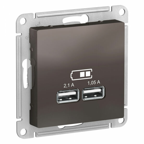 Изображение товара Розетка с USB, 5В, 1 порт x 2,1 А, 2 порта х 1,05 А, механизм,  Мокко, ATN000633 Atlas Design Schneider electric