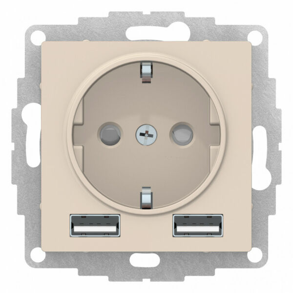 Изображение товара Розетка с USB A+A, 5В/2,4А, 2х5В/1,2А, механизм, Бежевый, ATN000230 Atlas Design Schneider electric