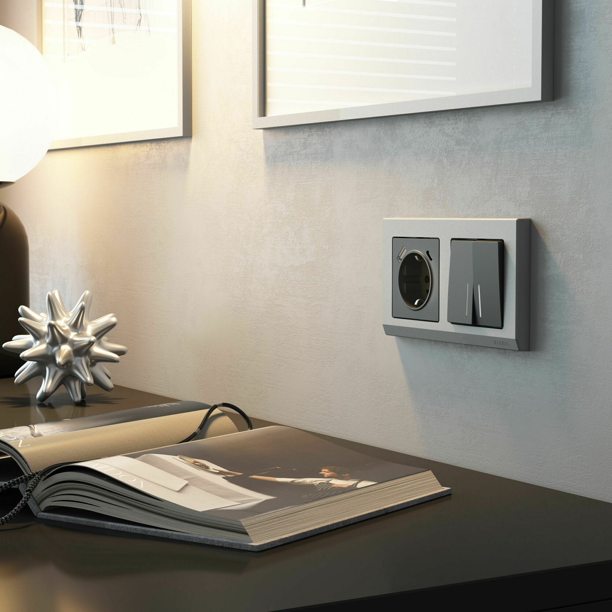 Изображение товара Розетка с заземлением, шторками и USB тип A+C  (графит матовый) W1171764 Werkel