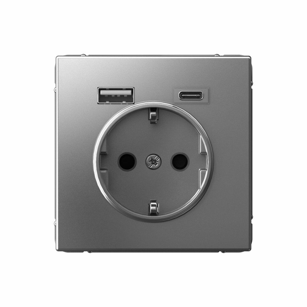 Изображение товара Розетка 16А с заземлением и шторками с 2 USB A+Type-C, сталь GAL000932 ArtGallery, Systeme Electric
