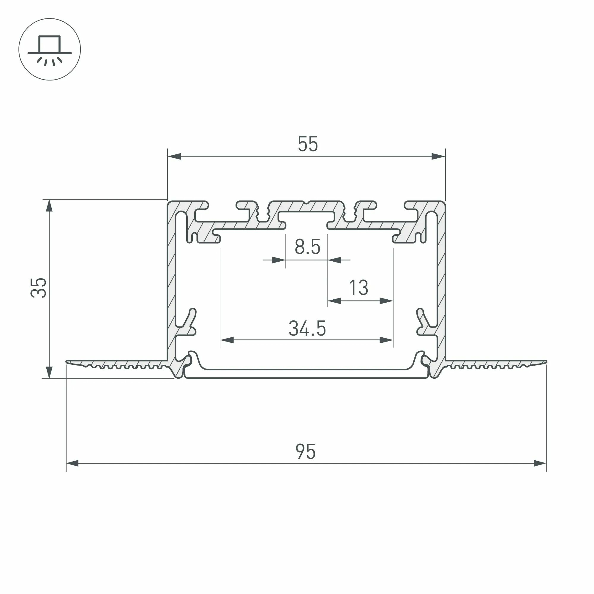 Изображение товара Профиль встраиваемый SL-LINIA55-FANTOM-2500 SEAMLESS ANOD (Arlight, Алюминий) 029507