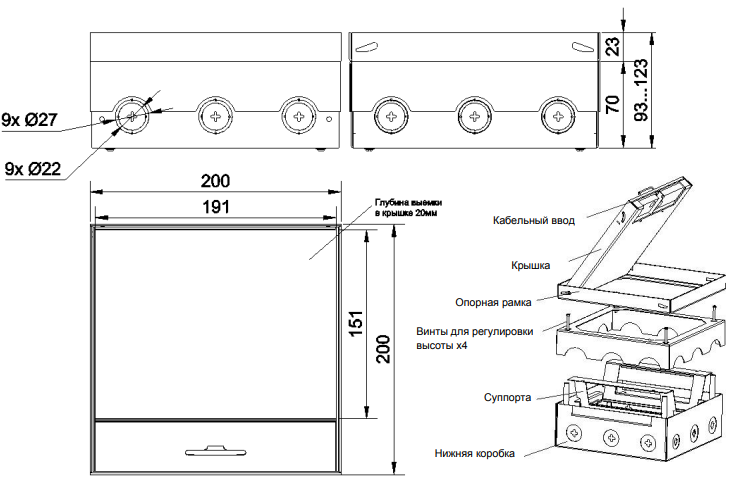 Изображение товара Лючок в пол 12 мод. (6 мод. 45х45 мм.) верт. установка, латунь, в уровень с напольным покрытием DFB12SBRLVL Donel