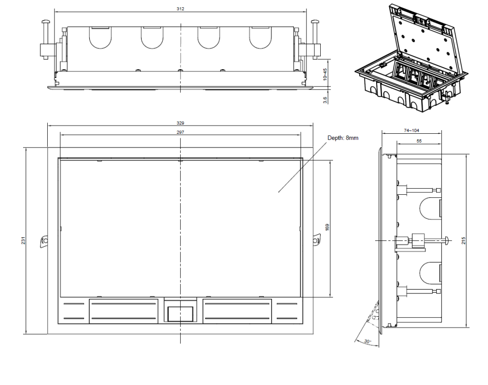 Изображение товара Лючок в пол 16 мод. (8 мод. 45х45 мм.) верт. установка, крышка ABS +гальванизированная стальная DFB16S Donel