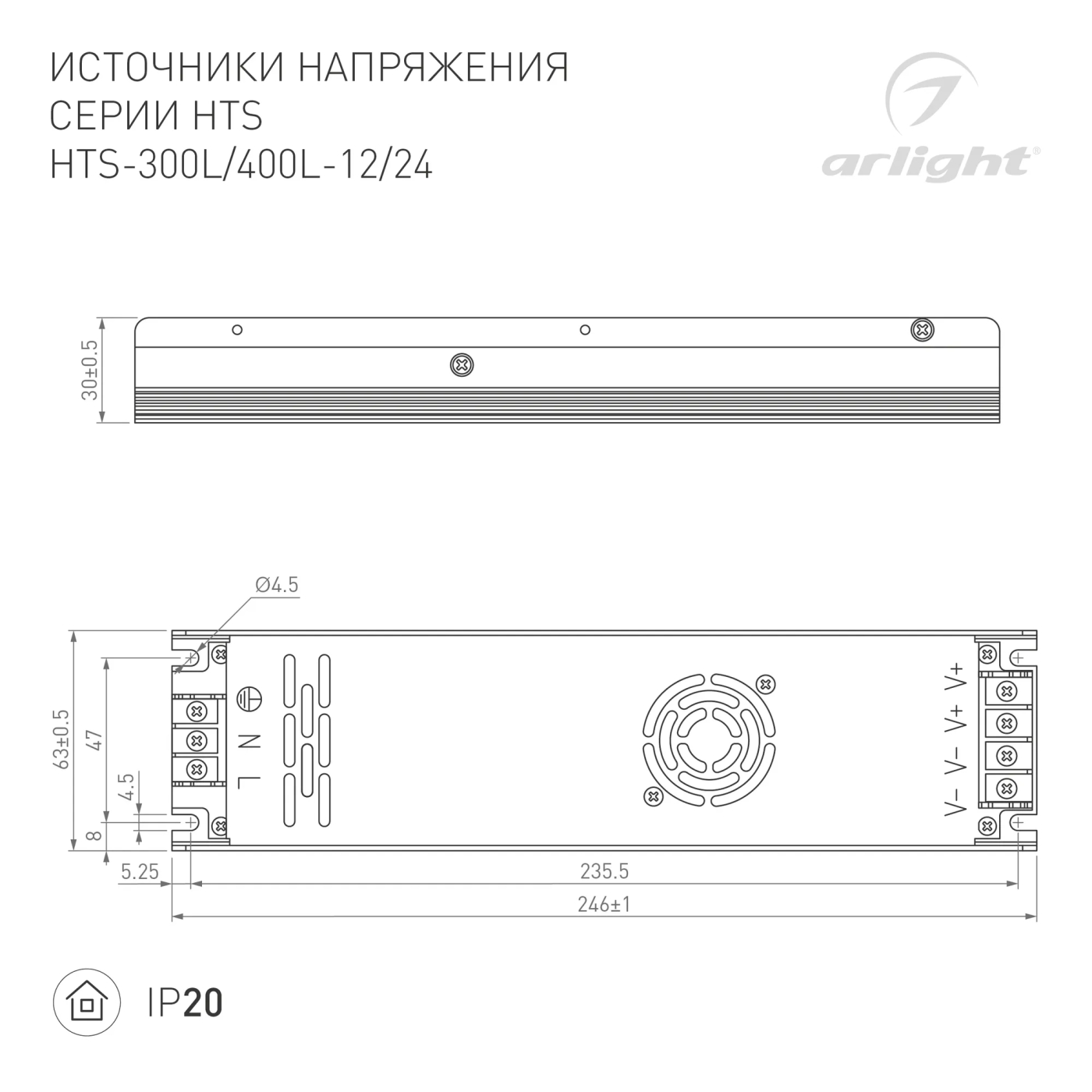 Изображение товара Блок питания HTS-400L-24 (24V, 16.5A, 400W) (Arlight, IP20 Сетка, 3 года) 020829(1)