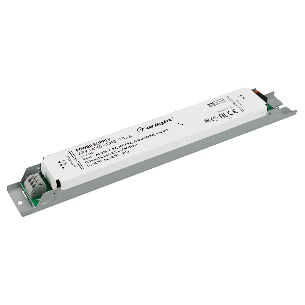 Изображение товара Блок питания ARV-24060-LONG-PFC-A (24V, 2.5A, 60W) (Arlight, IP20 Металл, 5 лет) 025594