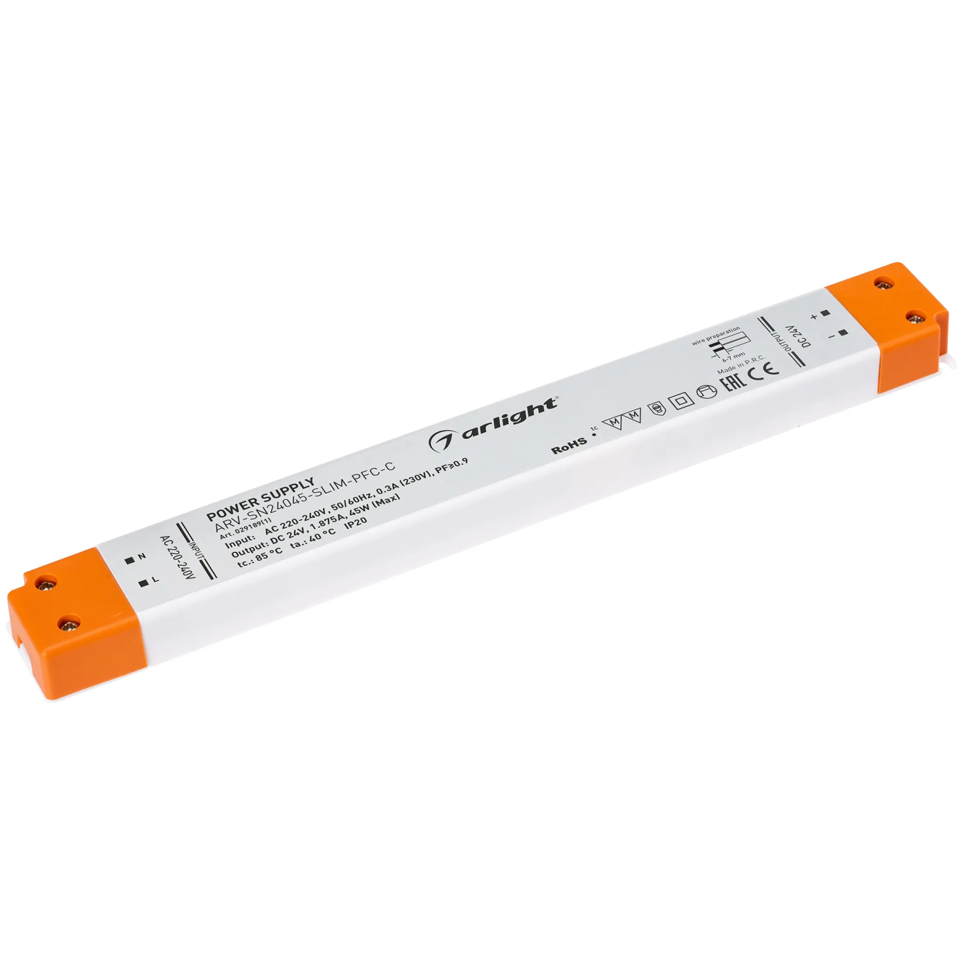 Изображение товара Блок питания ARV-SN24045-SLIM-PFC-C (24V, 1.87A, 45W) (Arlight, IP20 Пластик, 3 года) 029189(1)