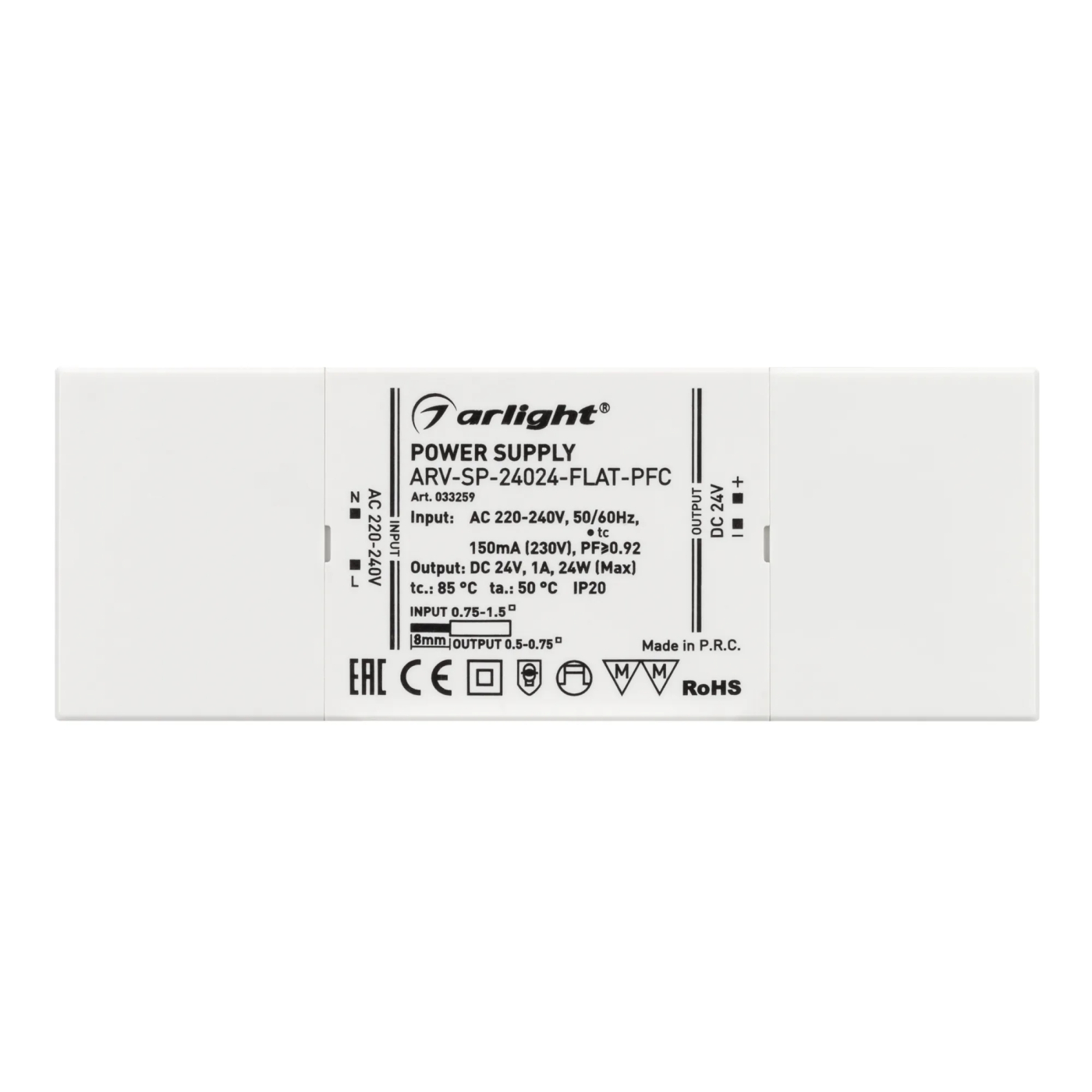 Изображение товара Блок питания ARV-SP-24024-FLAT-PFC (24V, 1A, 24W) (Arlight, IP20 Пластик, 5 лет) 033259