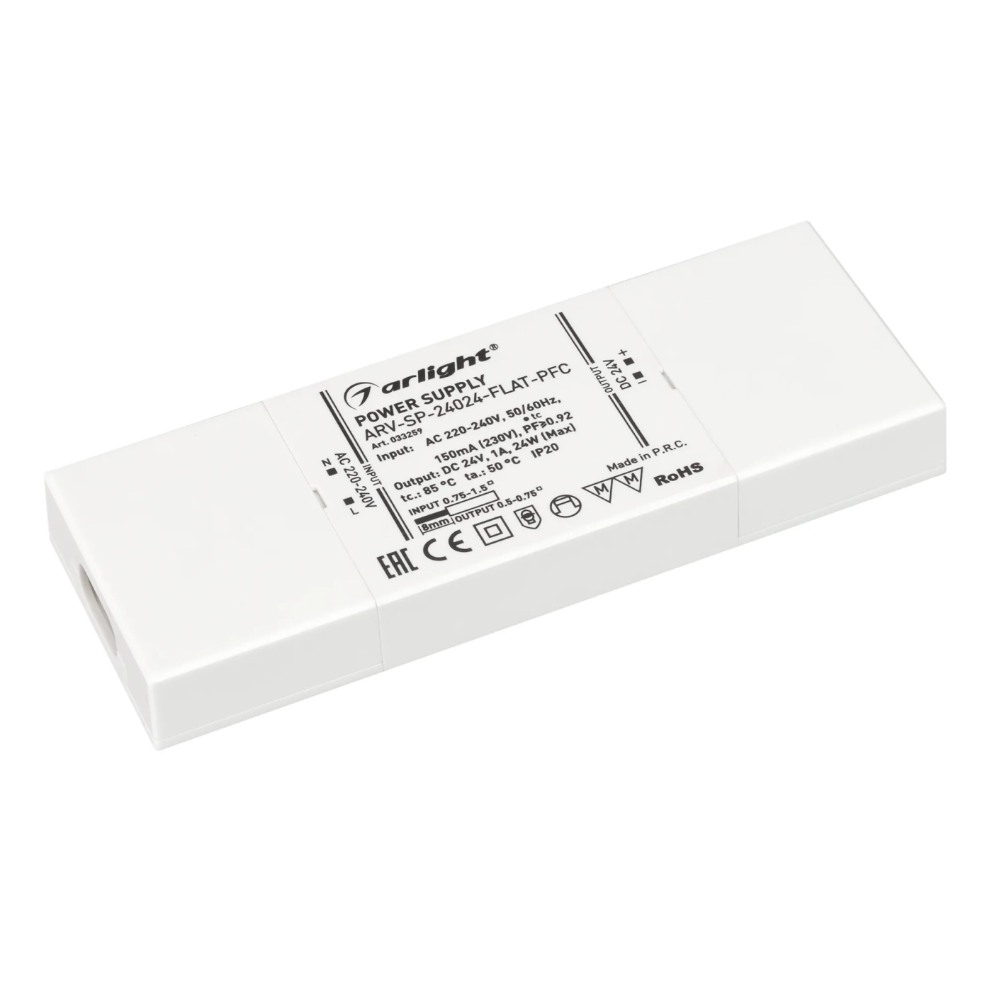 Изображение товара Блок питания ARV-SP-24024-FLAT-PFC (24V, 1A, 24W) (Arlight, IP20 Пластик, 5 лет) 033259