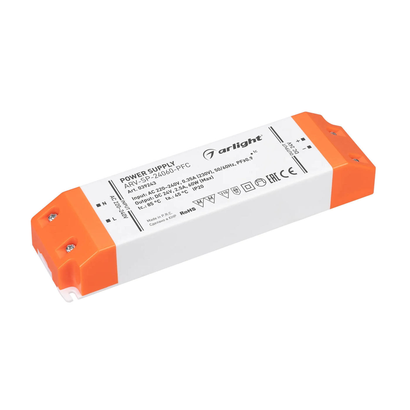 Изображение товара Блок питания ARV-SP-24060-PFC (24V, 2.5A, 60W) (Arlight, IP20 Пластик, 5 лет) 039243