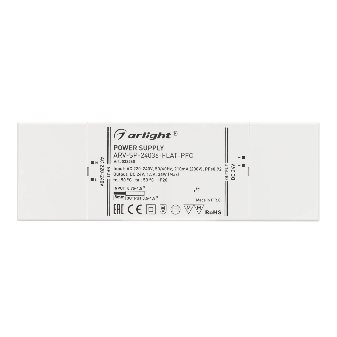 Изображение товара Блок питания ARV-SP-24036-FLAT-PFC (24V, 1.5A, 36W) (Arlight, IP20 Пластик, 5 лет) 033260