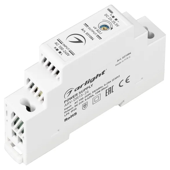 Изображение товара Блок питания ARV-DR15-24 (24V, 0.63A, 15W) (Arlight, IP20 DIN-рейка) 031084
