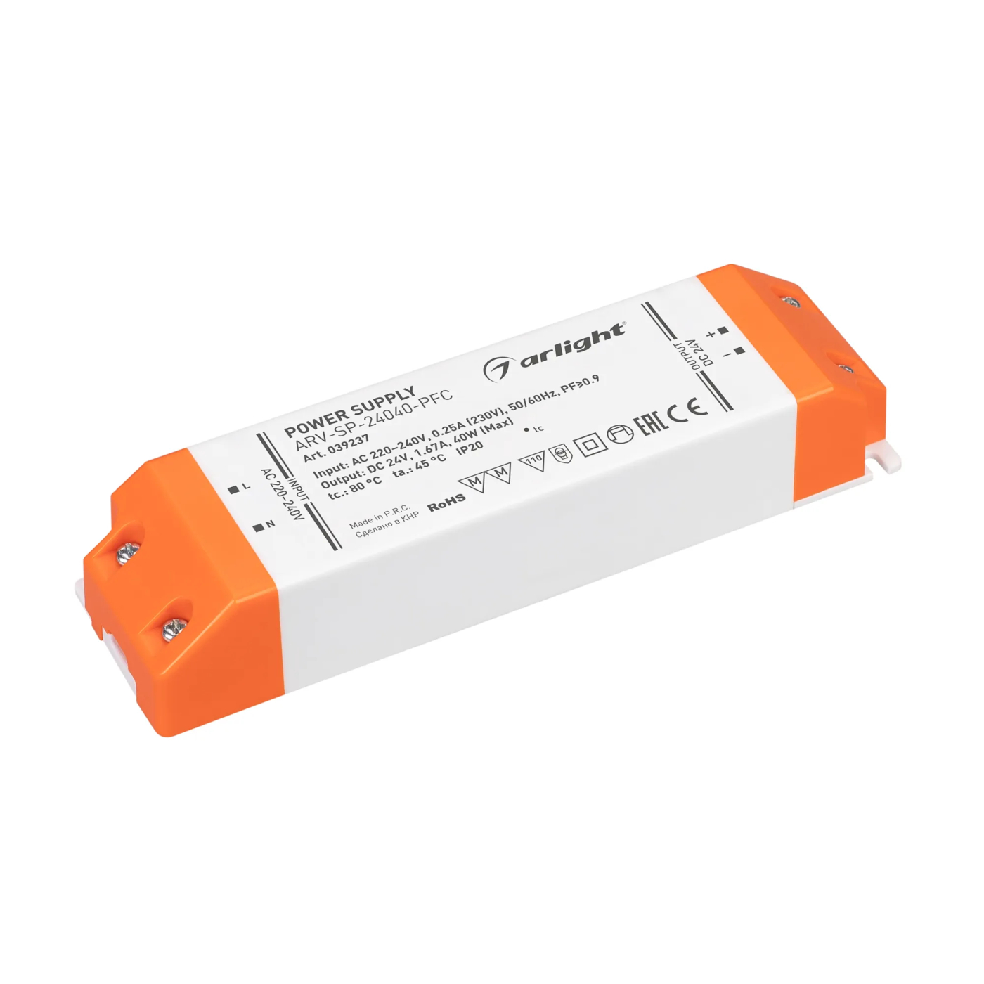 Изображение товара Блок питания ARV-SP-24040-PFC (24V, 1.67A, 40W) (Arlight, IP20 Пластик, 5 лет) 039237