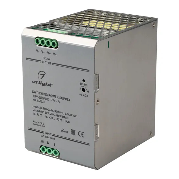 Изображение товара Блок питания ARV-DRP480-PFC-24 (24V, 20A, 480W) (Arlight, IP20 Металл, 5 лет) 040231