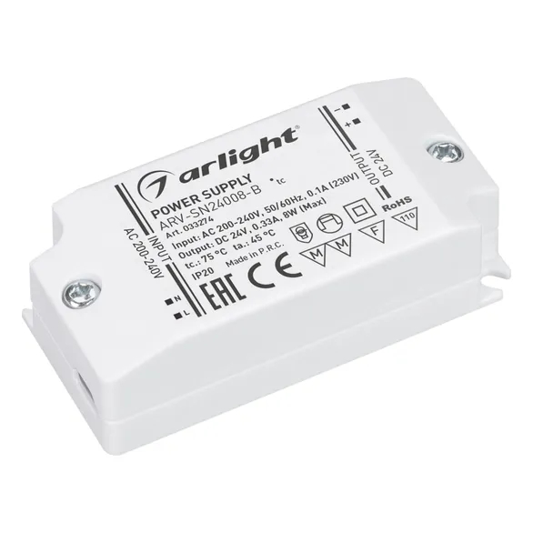 Изображение товара Блок питания ARV-SN24008-B (24V, 0.33A, 8W) (Arlight, IP20 Пластик, 3 года) 033274
