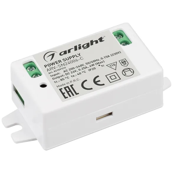 Изображение товара Блок питания ARV-SN24006-C (24V, 0.25A, 6W) (Arlight, IP20 Пластик, 3 года) 021591(1)