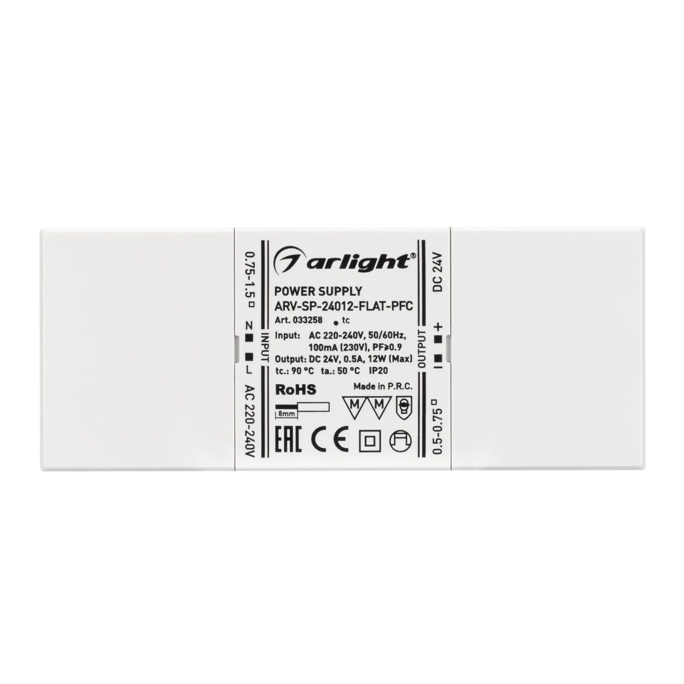 Изображение товара Блок питания ARV-SP-24012-FLAT-PFC (24V, 0.5A, 12W) (Arlight, IP20 Пластик, 5 лет) 033258