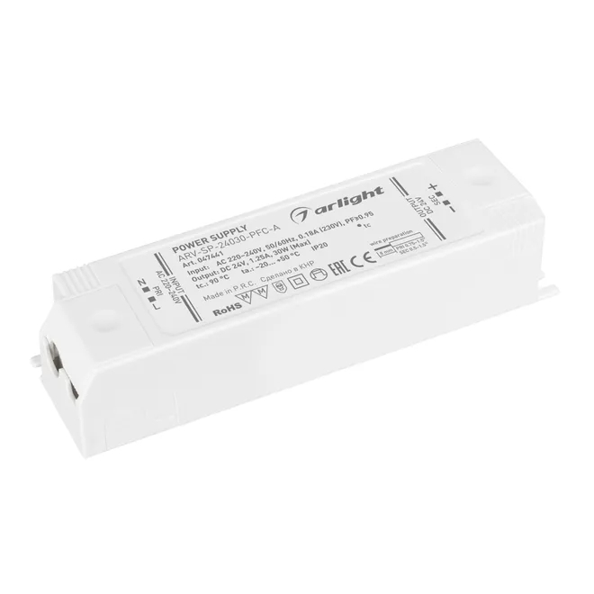 Изображение товара Блок питания ARV-SP-24030-PFC-A (24V, 1.25A, 30W) (Arlight, IP20 Пластик, 5 лет) 047441