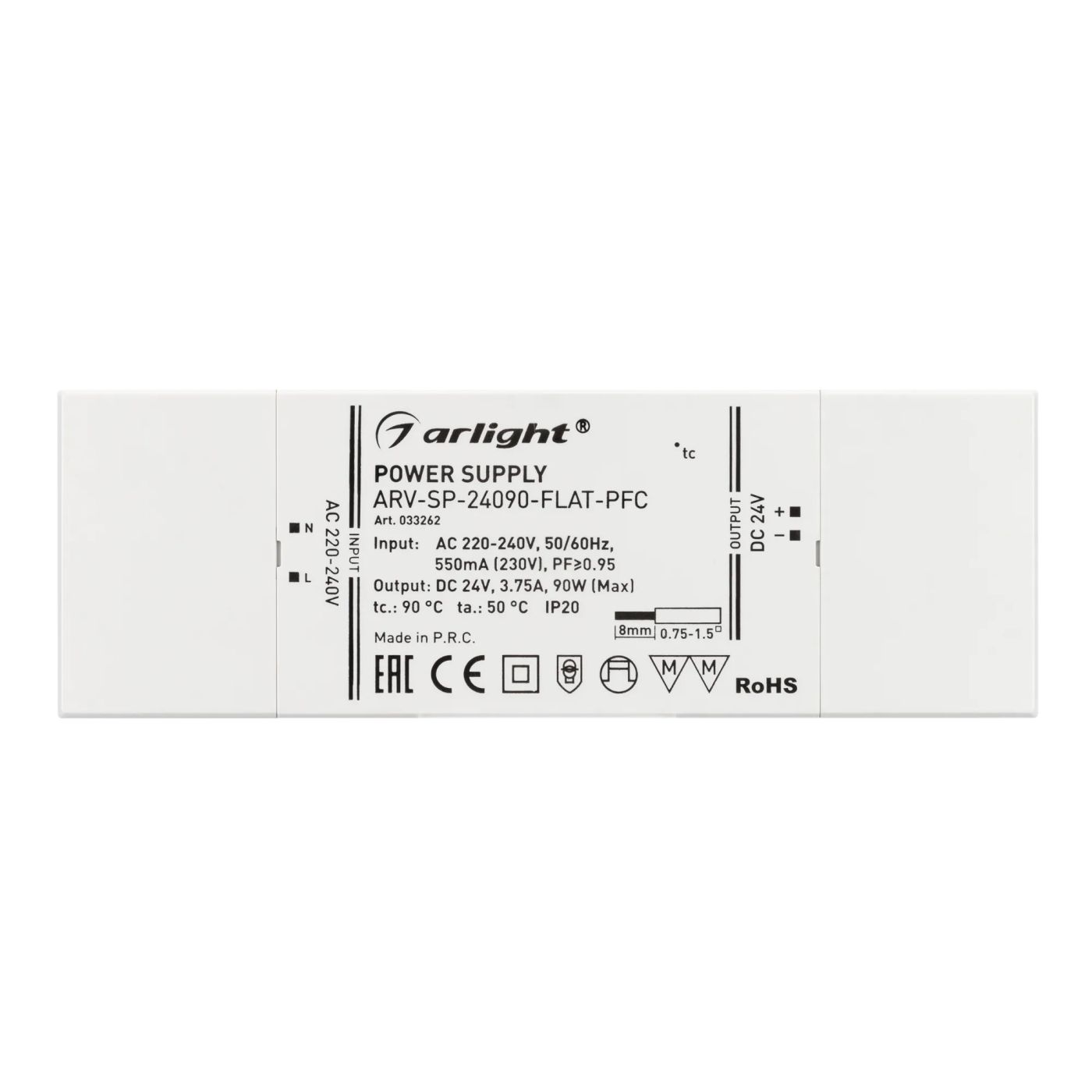 Изображение товара Блок питания ARV-SP-24090-FLAT-PFC (24V, 3.75A, 90W) (Arlight, IP20 Пластик, 5 лет) 033262