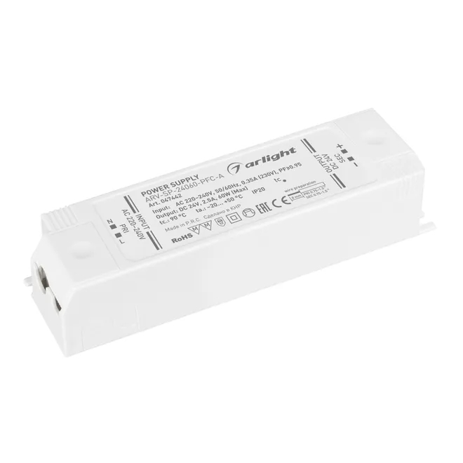 Изображение товара Блок питания ARV-SP-24060-PFC-A (24V, 2.5A, 60W) (Arlight, IP20 Пластик, 5 лет) 047442