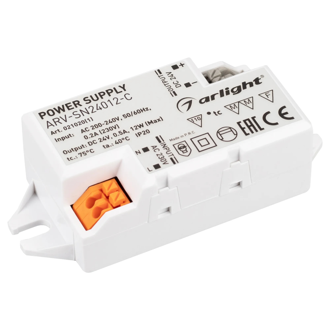 Изображение товара Блок питания ARV-SN24012-C (24V, 0.5A, 12W) (Arlight, IP20 Пластик, 3 года) 021020(1)