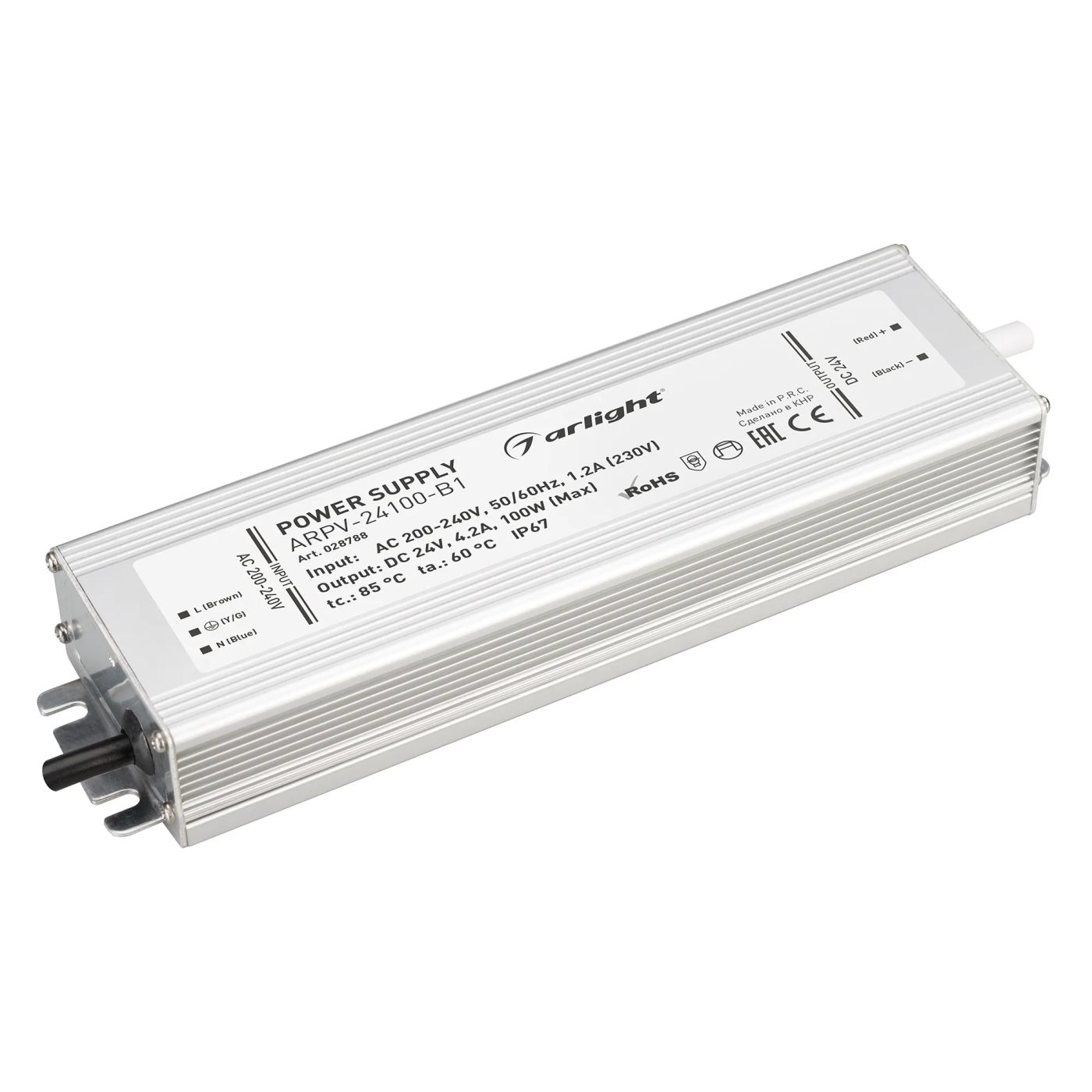 Изображение товара Блок питания ARPV-24100-B1 (24V, 4,2A, 100W) (Arlight, IP67 Металл, 3 года) 028788