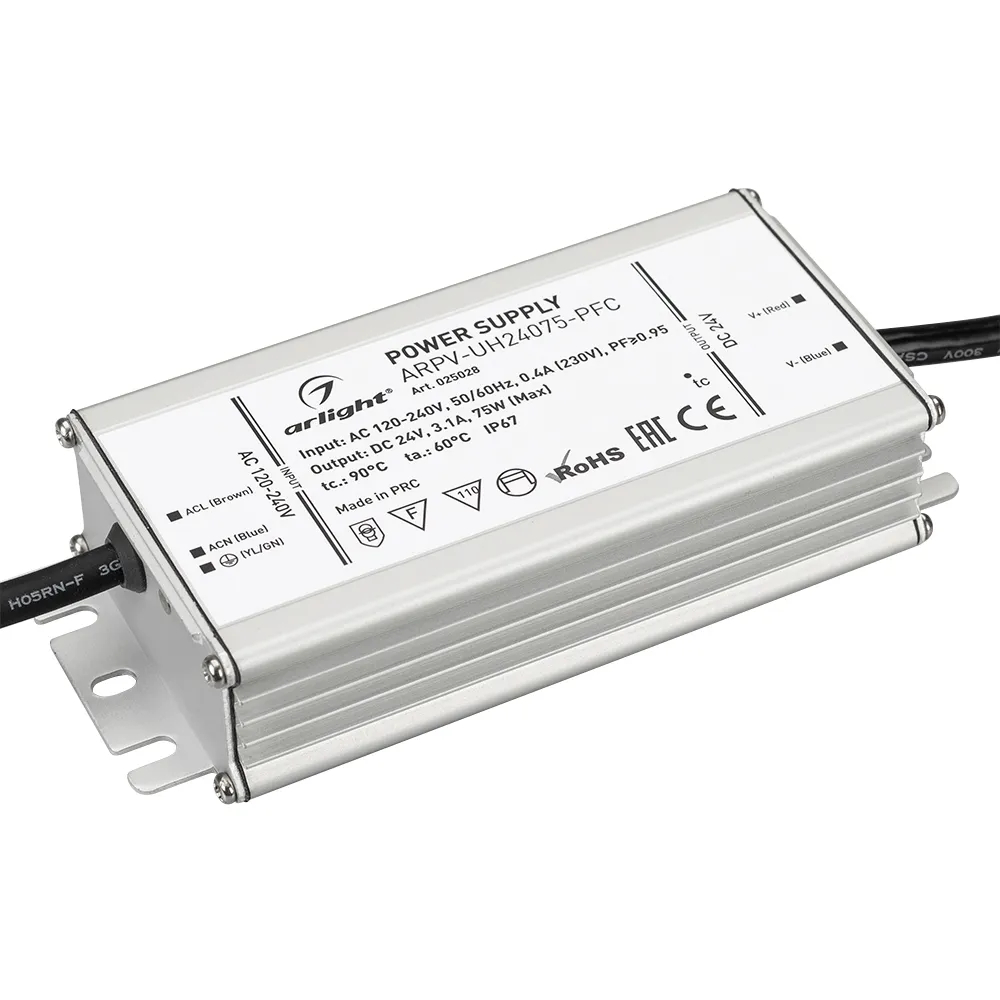 Изображение товара Блок питания ARPV-UH24075-PFC (24V, 3.1A, 75W) (Arlight, IP67 Металл, 7 лет) 025028