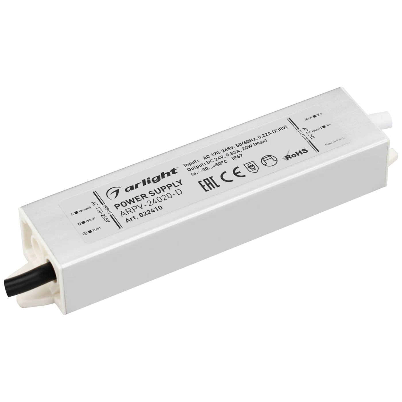 Изображение товара Блок питания ARPV-24020-D (24V, 0.8A, 20W) (Arlight, IP67 Металл, 3 года) 022410