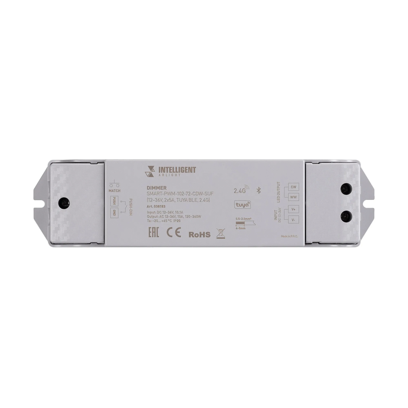 Изображение товара INTELLIGENT ARLIGHT Диммер SMART-PWM-102-72-CDW-SUF (12-36V, 2x5A, TUYA BLE, 2.4G) (IARL, IP20 Пластик, 5 лет) 038183