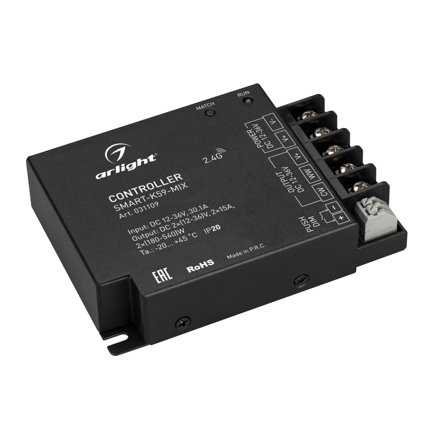 Изображение товара Контроллер SMART-K59-MIX (12-36V, 2x15A, 2.4G) (Arlight, IP20 Металл, 5 лет) 031109