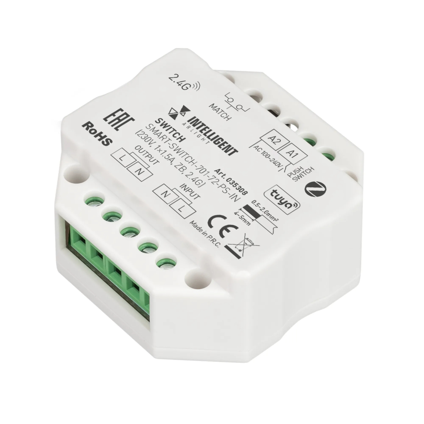 Изображение товара INTELLIGENT ARLIGHT Релейный модуль SMART-SWITCH-701-72-PS-IN (230V, 1x1.5A, ZB, 2.4G) (IARL, Пластик) 035308