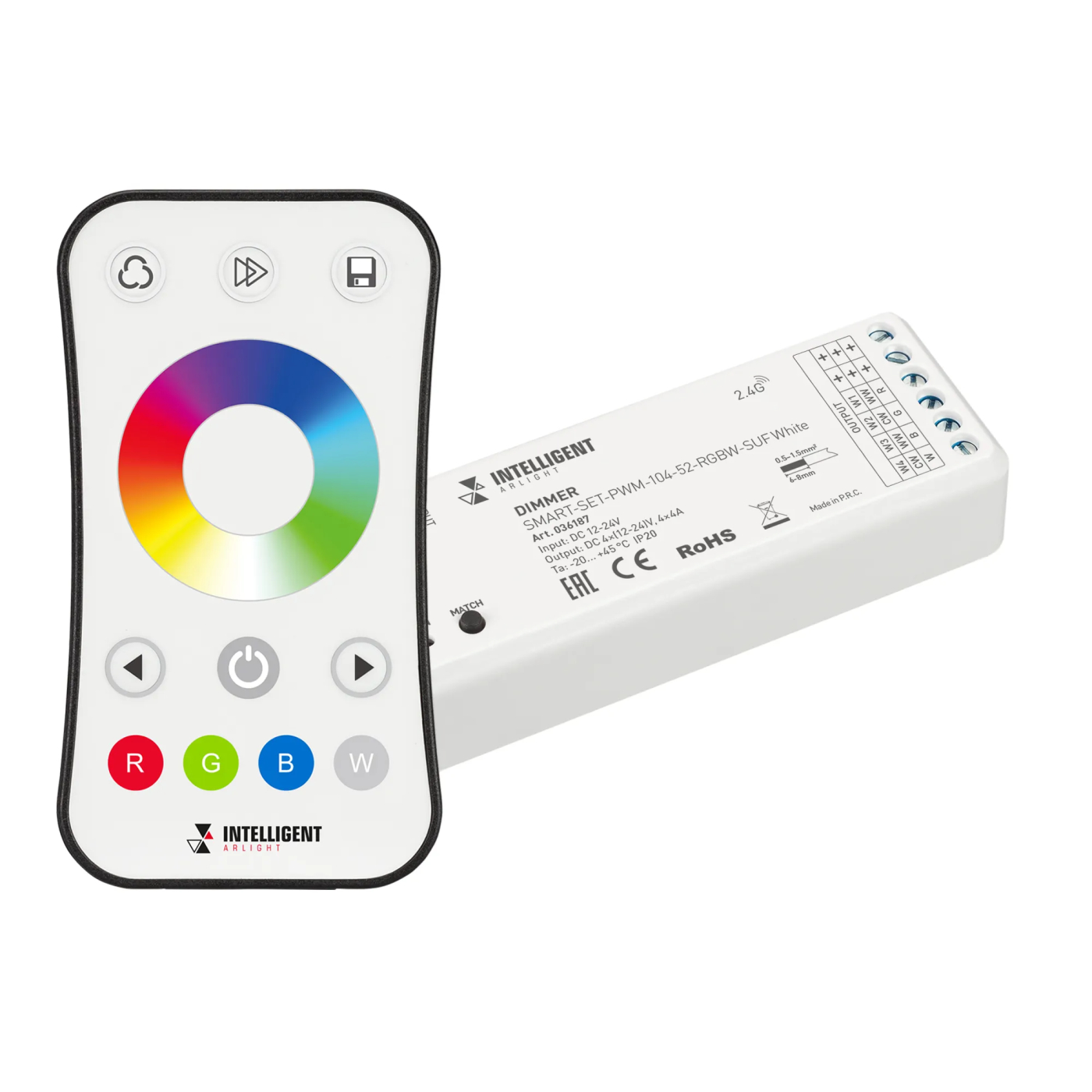 Изображение товара INTELLIGENT ARLIGHT Диммер SMART-SET-PWM-104-52-RGBW-SUF White (12-24V, 4x4A, ПДУ RING 10кн, 2.4G) (IARL, IP20 Пластик, 5 лет) 036187