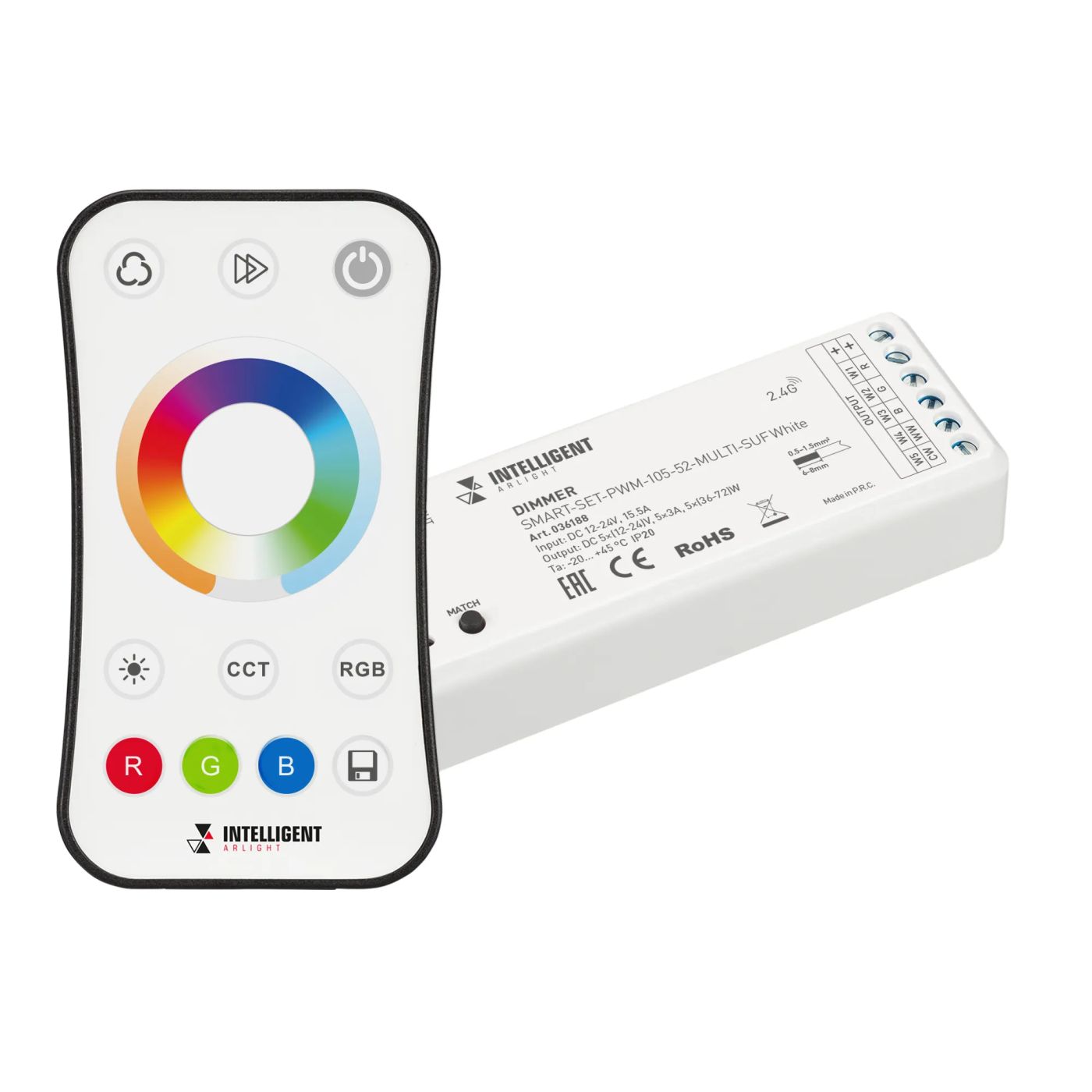 Изображение товара INTELLIGENT ARLIGHT Диммер SMART-SET-PWM-105-52-MULTI-SUF White (12-24V, 5x3A, ПДУ RING 10кн, 2.4G) (IARL, IP20 Пластик, 5 лет) 036188