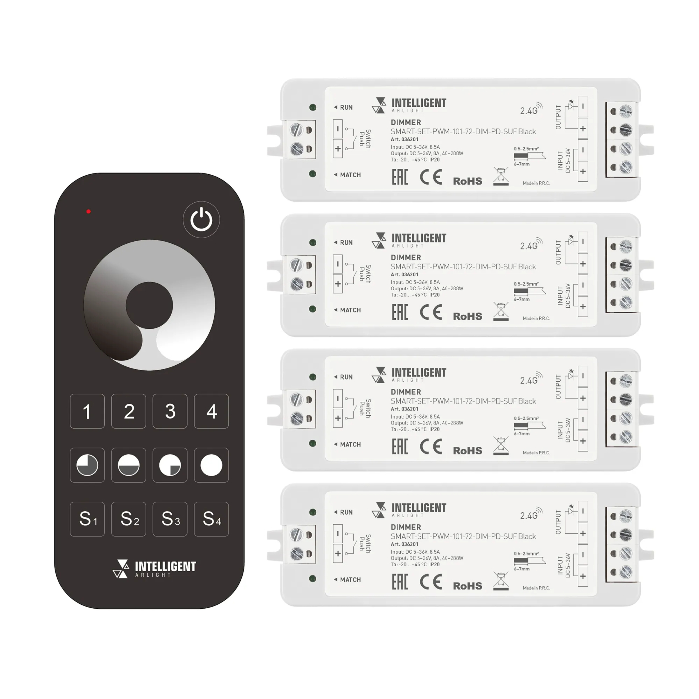 Изображение товара INTELLIGENT ARLIGHT Диммер SMART-SET-PWM-101-72-DIM-PD-SUF Black (5-36V, 1x8A, x4, ПДУ 13кн, 2.4G) (IARL, IP20 Пластик, 5 лет) 036201