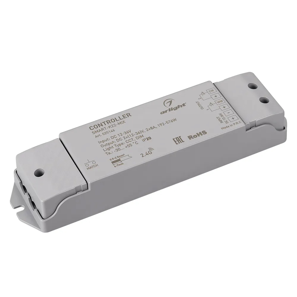 Изображение товара Контроллер SMART-K22-MIX (12-36V, 2x8A, 2.4G) (Arlight, IP20 Пластик, 5 лет) 025146