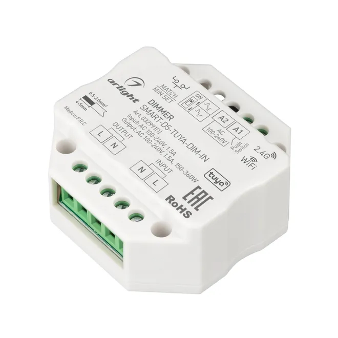 Изображение товара Диммер SMART-D5-TUYA-DIM-IN (230V, 1.5A, TRIAC, WiFi, 2.4G) (Arlight, IP20 Пластик, 5 лет) 032991(1)