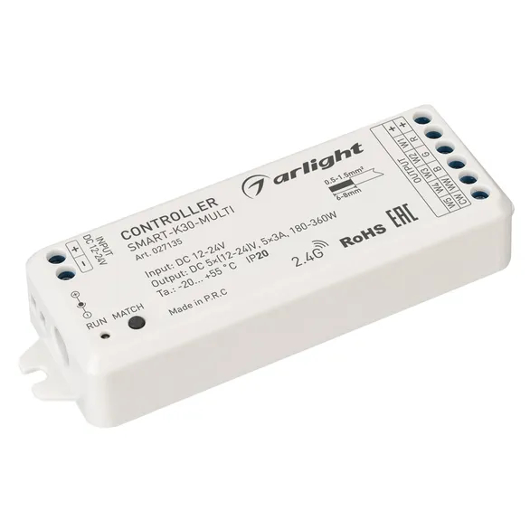 Изображение товара Контроллер SMART-K30-MULTI (12-24V, 5x3A, RGB-MIX, 2.4G) (Arlight, IP20 Пластик, 5 лет) 027135