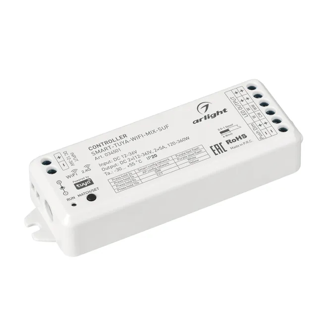 Изображение товара Контроллер SMART-TUYA-WIFI-MIX-SUF (12-36V, 2x5A, 2.4G) (Arlight, IP20 Пластик, 5 лет) 034501