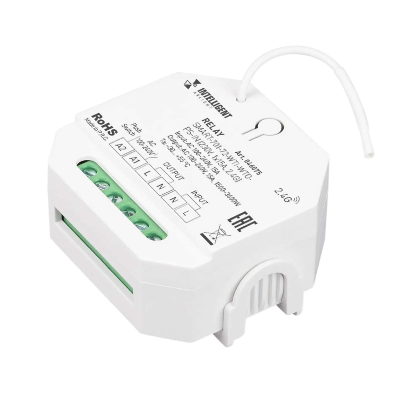 Изображение товара INTELLIGENT ARLIGHT Релейный модуль SMART-701-72-WTI-WTO-PS-IN  (230V, 1x15A, 2.4G) (IARL, IP20 Пластик, 5 лет) 046075