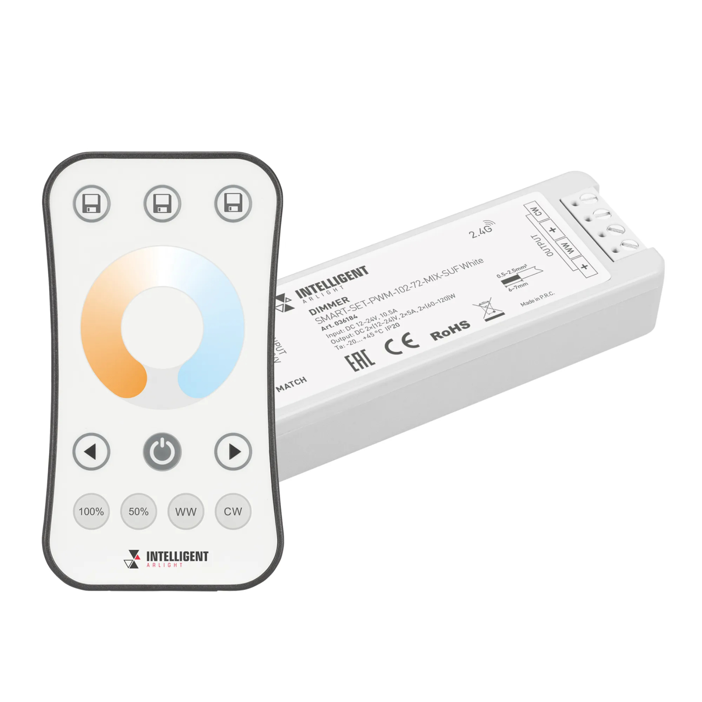 Изображение товара INTELLIGENT ARLIGHT Диммер SMART-SET-PWM-102-72-MIX-SUF White (12-24V, 2x5A, ПДУ RING 10кн, 2.4G) (IARL, IP20 Пластик, 5 лет) 036184