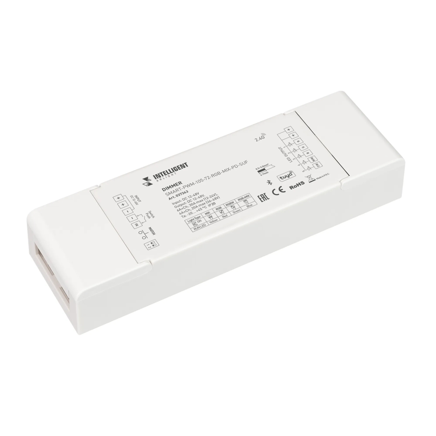 Изображение товара INTELLIGENT ARLIGHT Диммер SMART-PWM-105-72-RGB-MIX-PD-SUF (12-48V, 5x6A, TUYA BLE, 2.4G) (IARL, IP20 Пластик, 5 лет) 037343