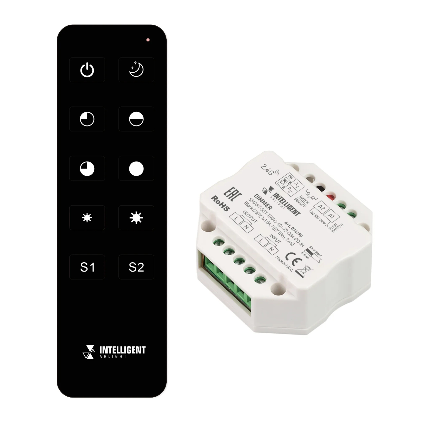 Изображение товара INTELLIGENT ARLIGHT Диммер SMART-SET-TRIAC-601-72-DIM-PD-IN Black (230V, 1x1.5A, ПДУ 10кн, 2.4G) (IARL, IP20 Пластик, 5 лет) 036190
