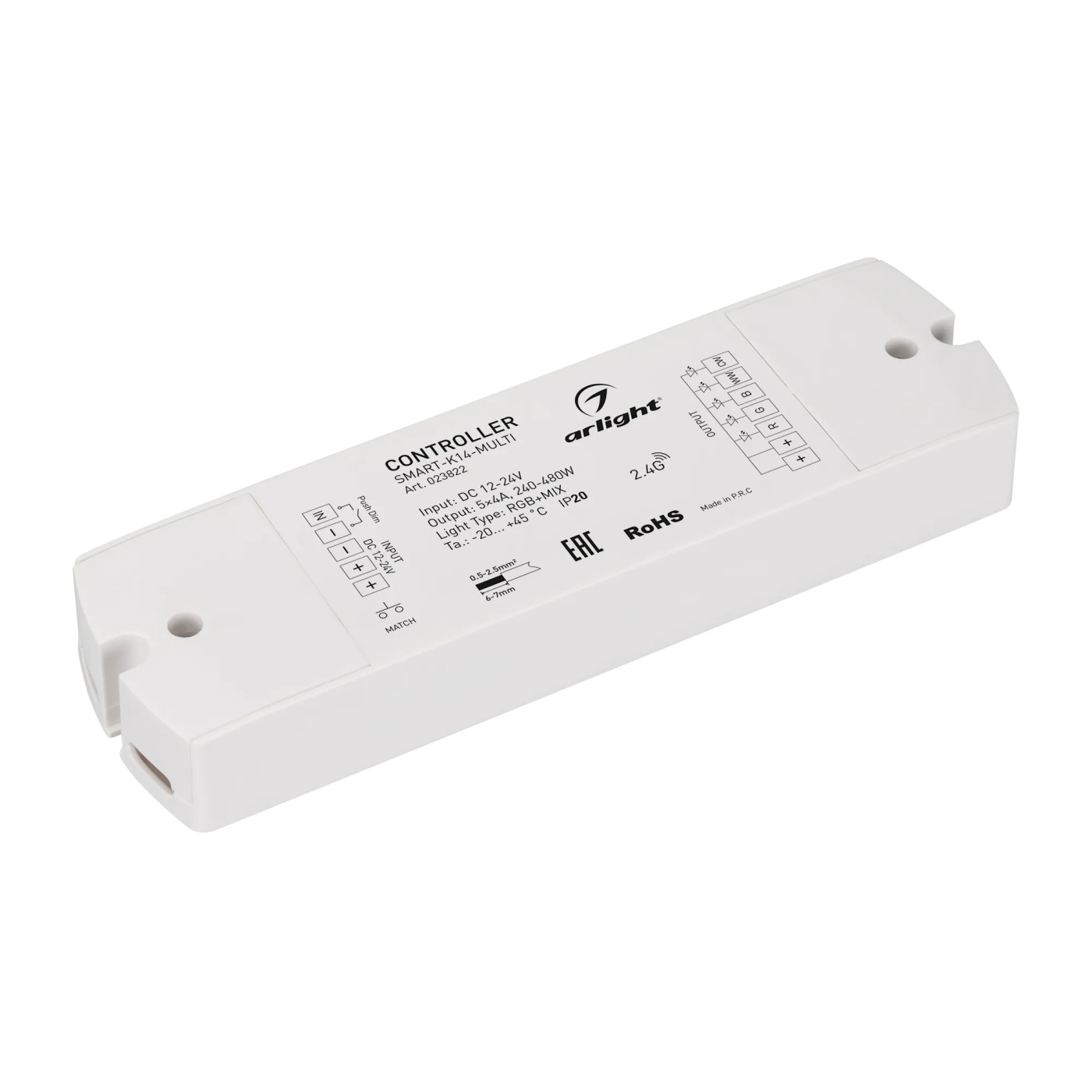 Изображение товара Контроллер SMART-K14-MULTI (12-24V, 5x4A, RGB-MIX, 2.4G) (Arlight, IP20 Пластик, 5 лет) 023822