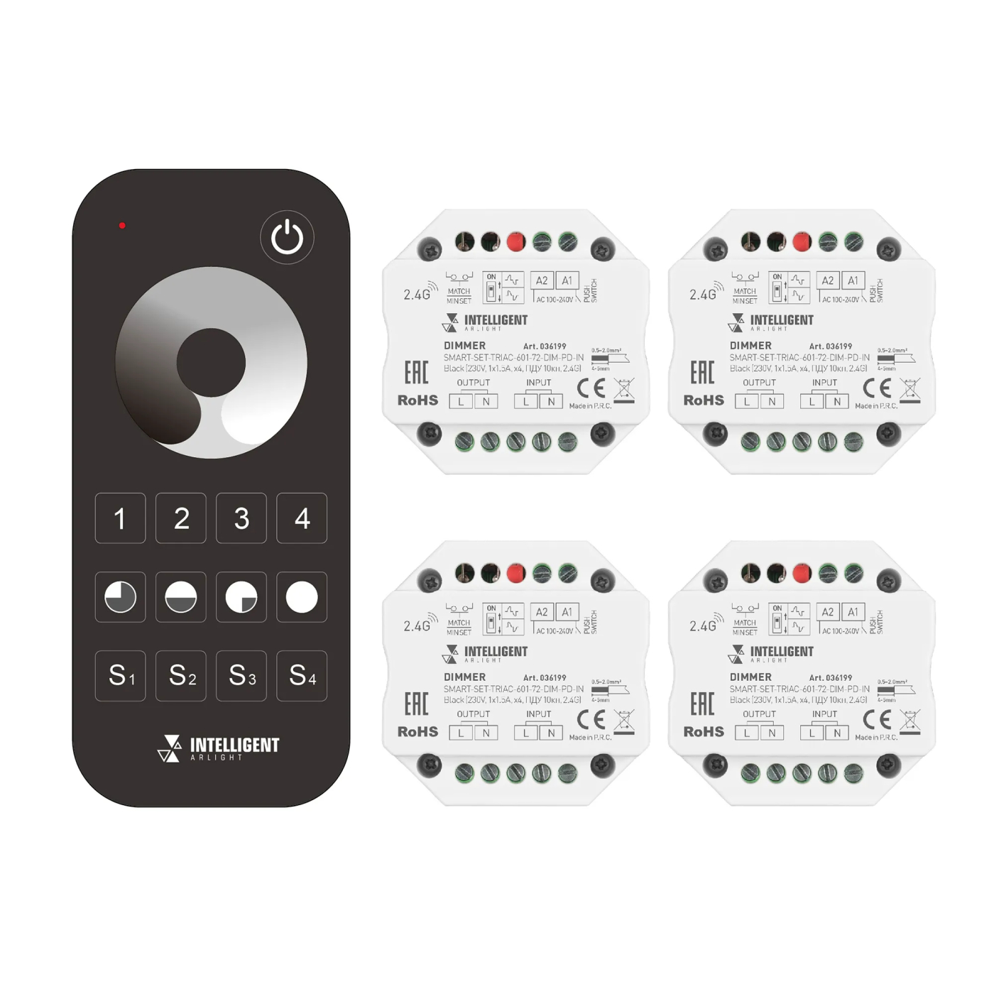 Изображение товара INTELLIGENT ARLIGHT Диммер SMART-SET-TRIAC-601-72-DIM-PD-IN Black (230V, 1x1.5A, x4, ПДУ 10кн, 2.4G) (IARL, IP20 Пластик, 5 лет) 036199