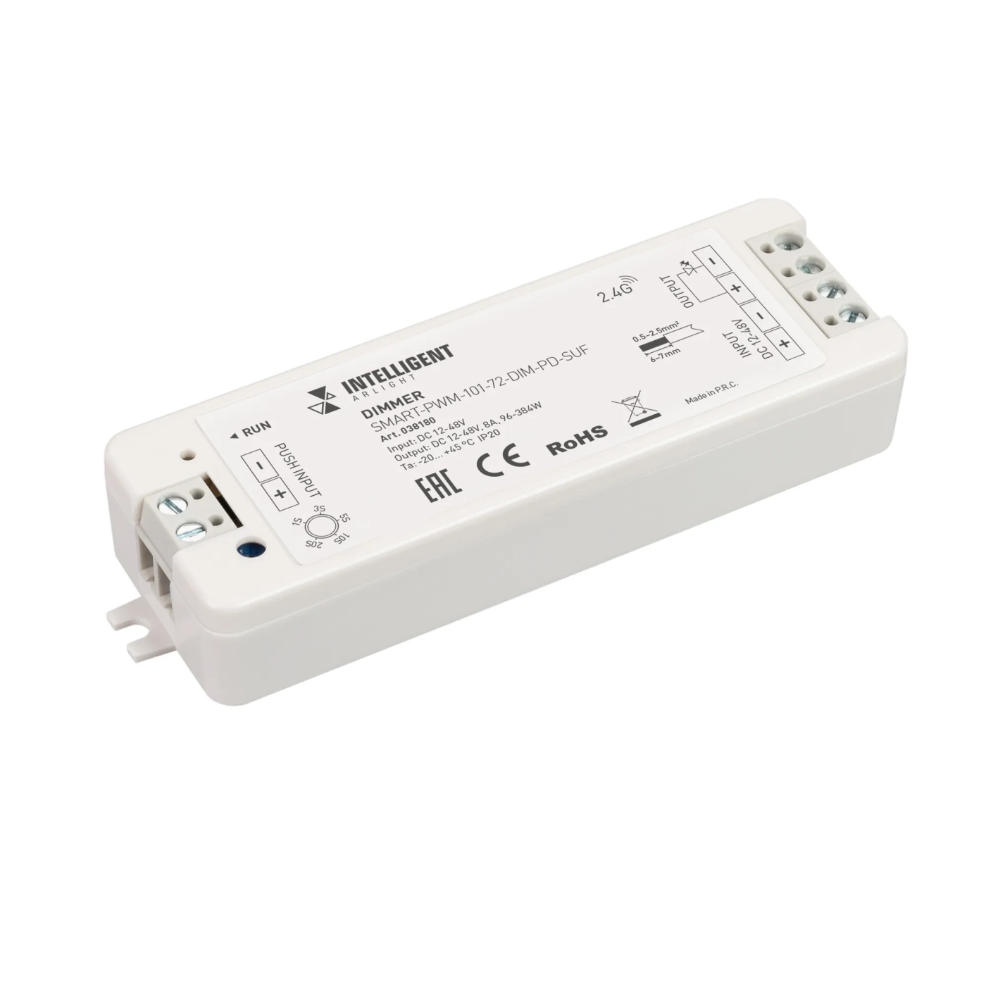 Изображение товара INTELLIGENT ARLIGHT Диммер SMART-PWM-101-72-DIM-PD-SUF (12-48V, 1x8A, SS, 2.4G) (IARL, IP20 Пластик, 5 лет) 038180