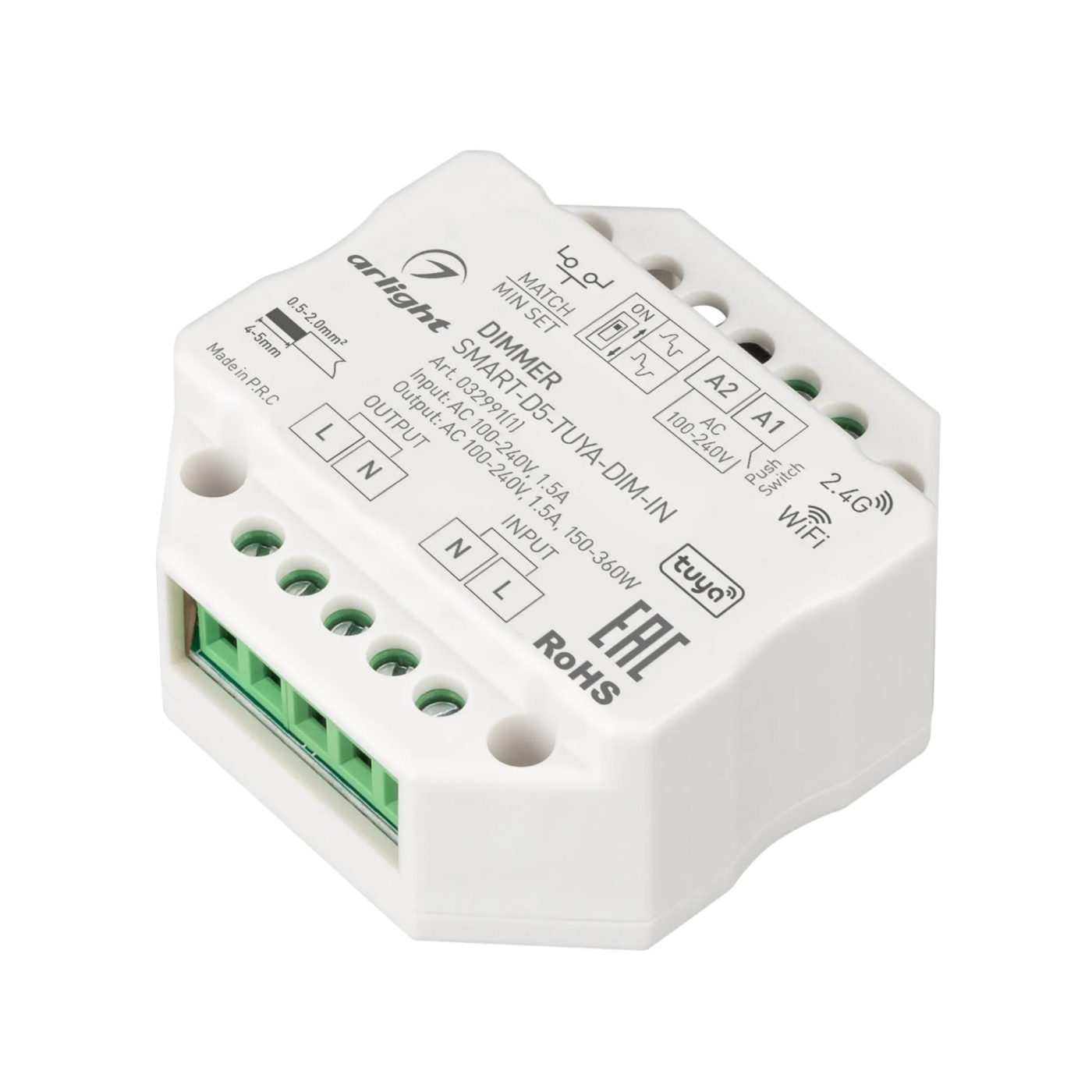 Изображение товара Диммер SMART-D5-TUYA-DIM-IN (230V, 1.5A, TRIAC, WiFi, 2.4G) (Arlight, IP20 Пластик, 5 лет) 032991(1)