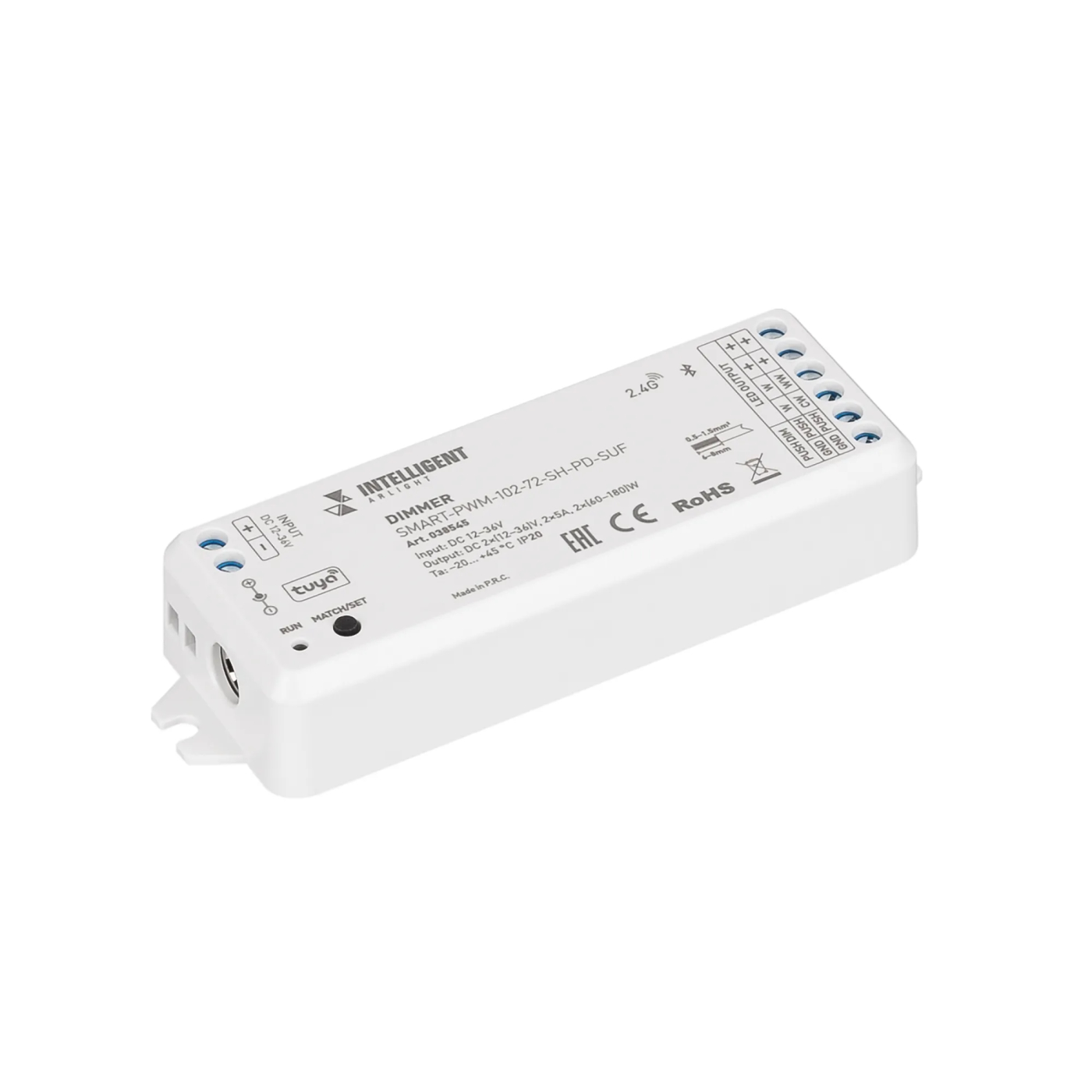 Изображение товара INTELLIGENT ARLIGHT Диммер SMART-PWM-102-72-SH-PD-SUF (12-36V, 2x5A, TUYA BLE, 2.4G) (IARL, IP20 Пластик, 5 лет) 038545