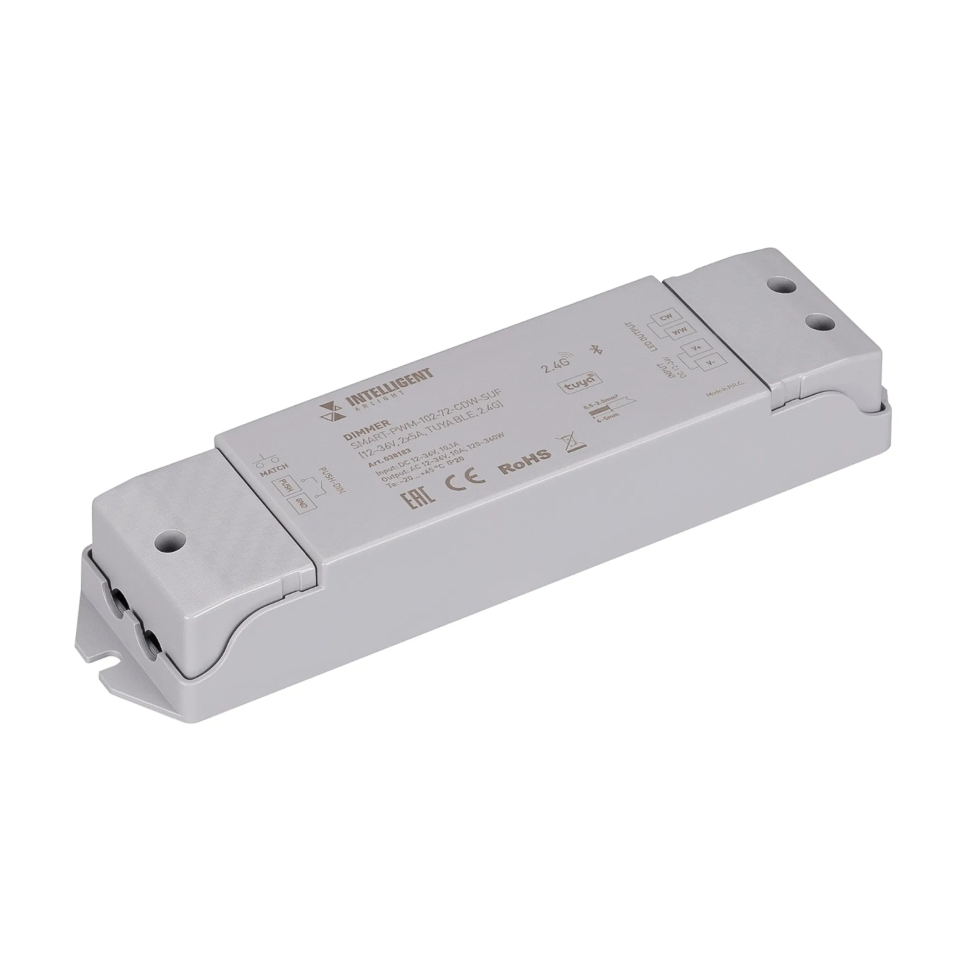 Изображение товара INTELLIGENT ARLIGHT Диммер SMART-PWM-102-72-CDW-SUF (12-36V, 2x5A, TUYA BLE, 2.4G) (IARL, IP20 Пластик, 5 лет) 038183